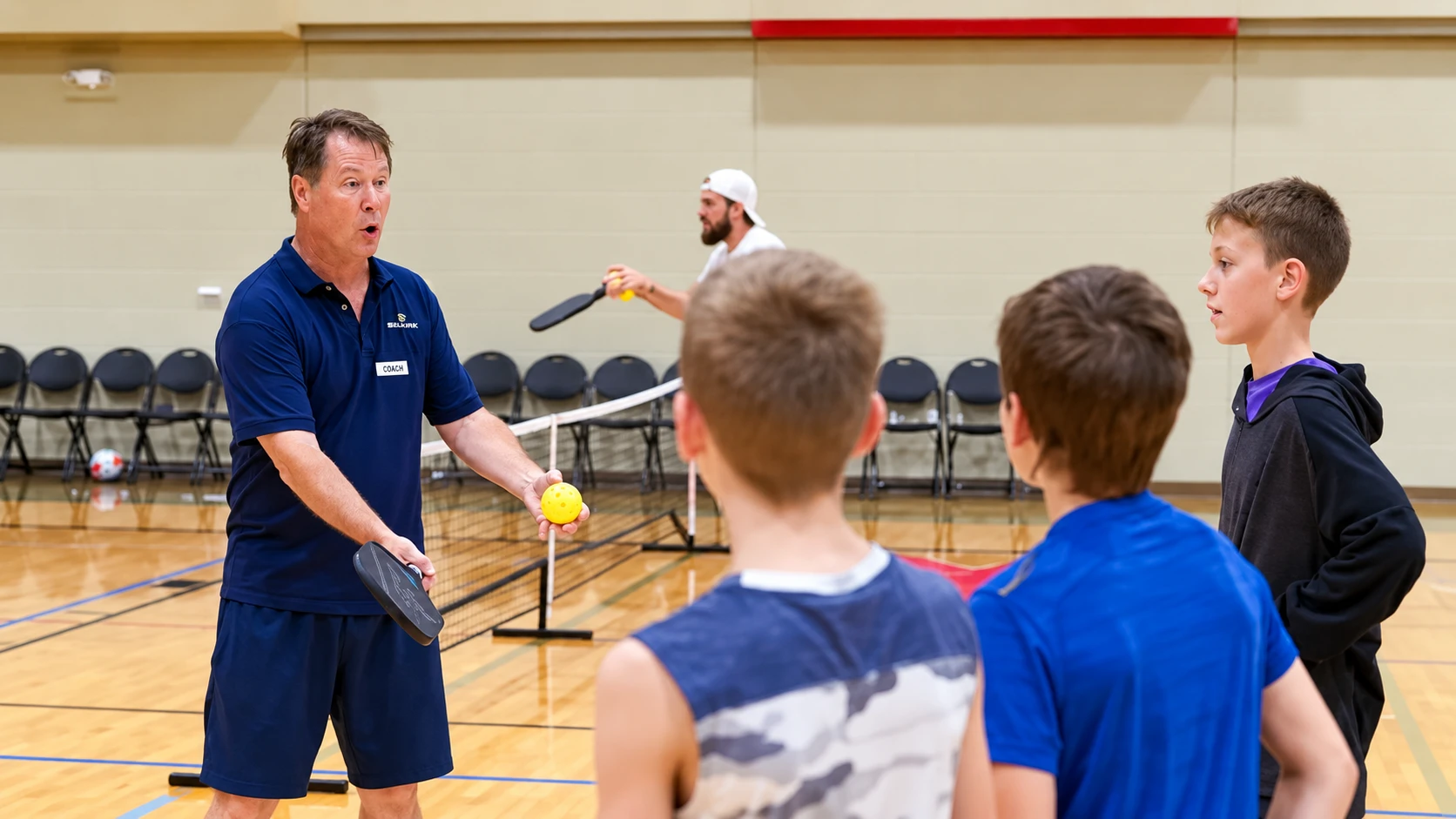 Coach Mark Boehm explaining a shot to young players in a gym